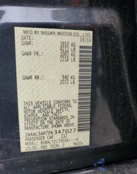 2015 Nissan Altima 2.5 z USA, uszkodzony, nr VIN 1N4AL3AP7FN347027